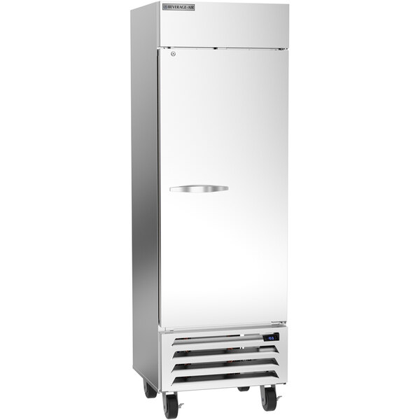 A silver stainless steel Beverage-Air reach-in freezer with wheels.