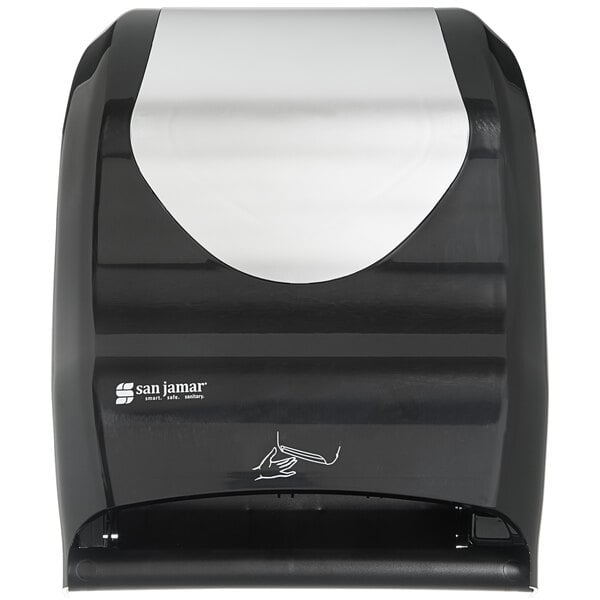 A black and stainless steel San Jamar paper towel dispenser.
