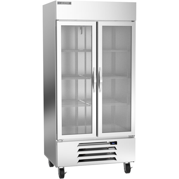 A silver Beverage-Air Horizon Series glass door reach-in refrigerator.