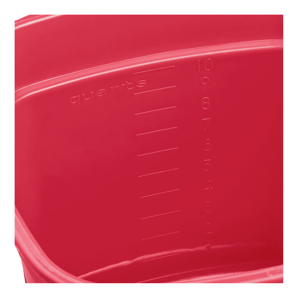 A red 10-quart sanitizing pail with embossed quart measurement markings on the inside.