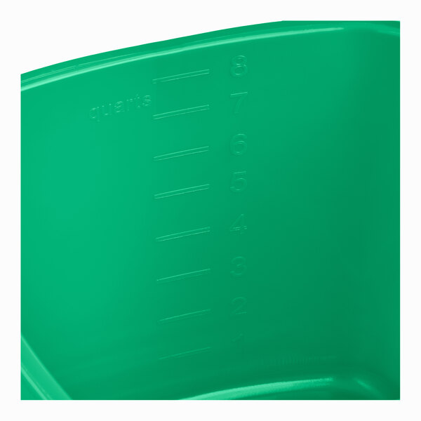 A green plastic detergent pail with quart measurement markings on the inside.