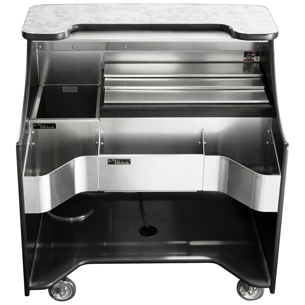 A metal and black Perlick mobile bar on wheels.