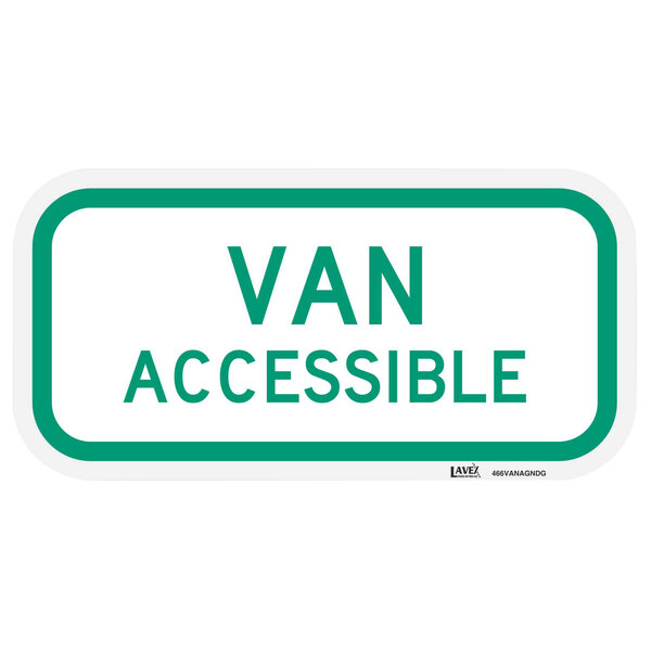 A green and white Lavex aluminum sign that says "Van Accessible" with green lettering.