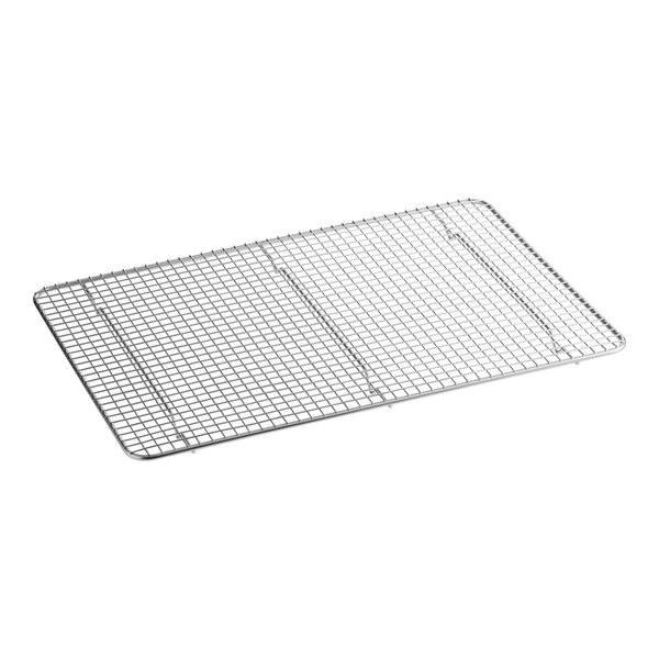 A stainless steel footed wire cooling rack designed to fit a half size sheet pan.
