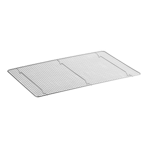 A rectangular stainless steel footed wire cooling rack designed to fit a full size sheet pan.