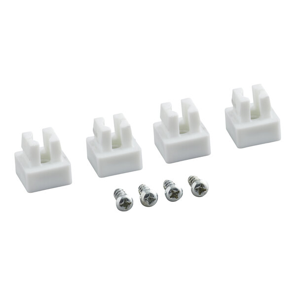 A set of four white plastic shelf clips with four metal screws for a 40 cup shelf ingredient bin.