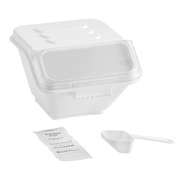 A white 2.6 gallon ingredient bin with a clear flip lid, a label sheet, and a white scoop.