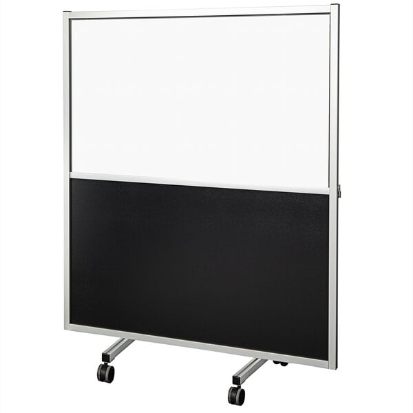 A clear acrylic rectangular room partition with privacy panel on wheels.