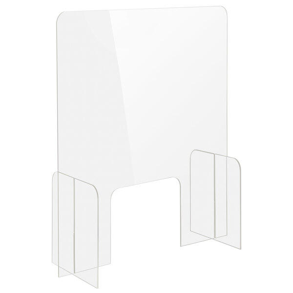 A clear tabletop health safety shield with two clear stands.