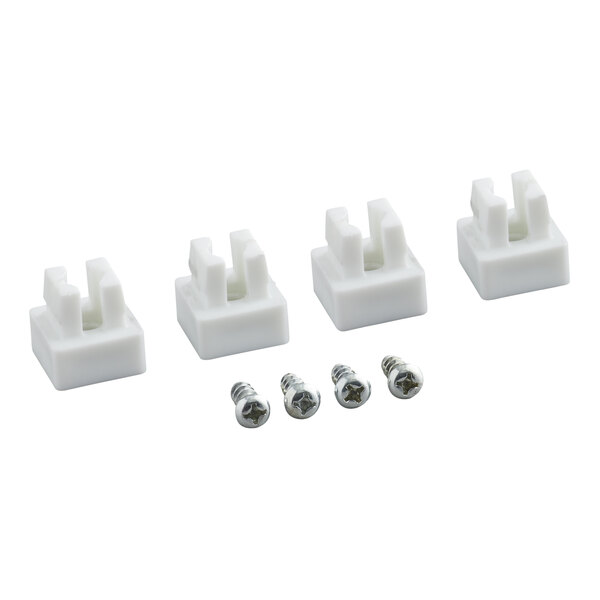 A set of four white plastic shelf clips with four metal screws for use with 100 and 200 cup shelf ingredient bins.