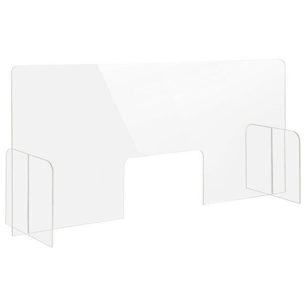 A clear rectangular health safety shield with a clear transaction window.