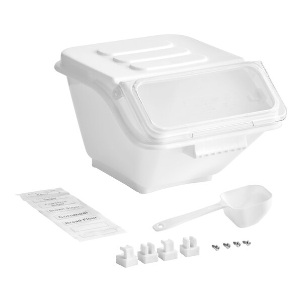 A white 2.6-gallon ingredient bin with a flip lid, label sheet, scoop, and mounting accessories.