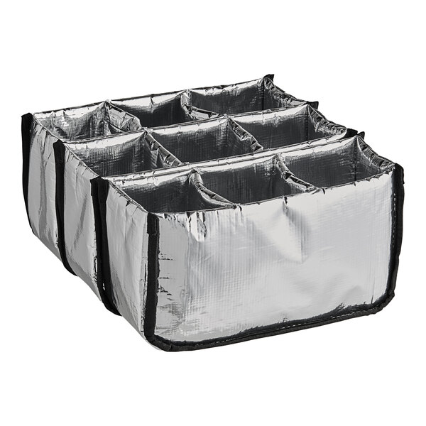 A silver tray with nine drink compartments.