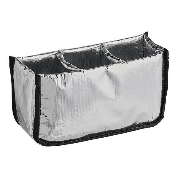 A silver ServIt drink holder with three compartments.