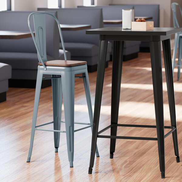 Lancaster Table & Seating Alloy Series Charcoal Metal Indoor Industrial Cafe Bar Height Stool with Vertical Slat Back and Walnut Wood Seat