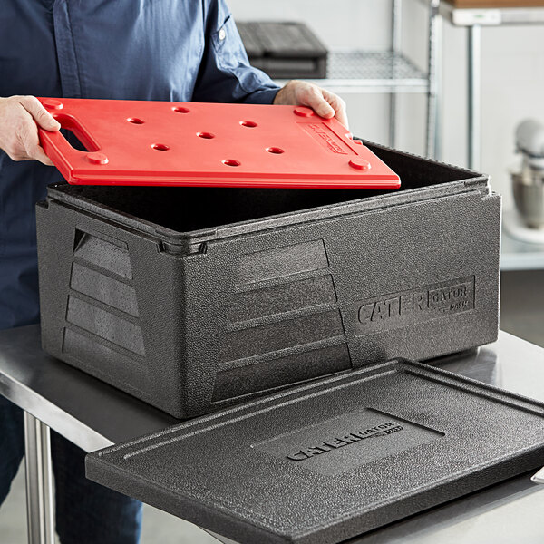 CaterGator Dash Black Full Size 8" Deep Top Loader EPP Insulated Food Pan Carrier with Red Hot Board