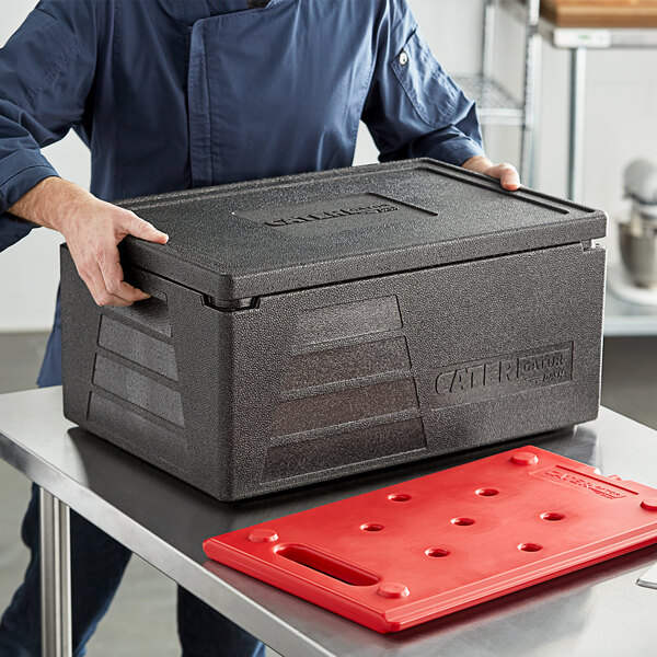 CaterGator Dash Black Full Size 8" Deep Top Loader EPP Insulated Food Pan Carrier with Red Hot Board