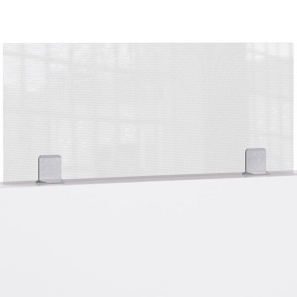 A white wall with a clear Rosseto tabletop divider on metal brackets.