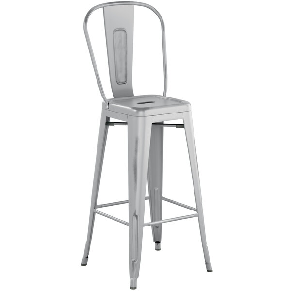 Lancaster Table & Seating Alloy Series Distressed Silver Metal Indoor / Outdoor Industrial Cafe Barstool with Vertical Slat Back and Drain Hole Seat