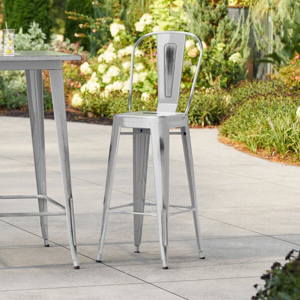 Lancaster Table & Seating Alloy Series Distressed Silver Outdoor Cafe Barstool
