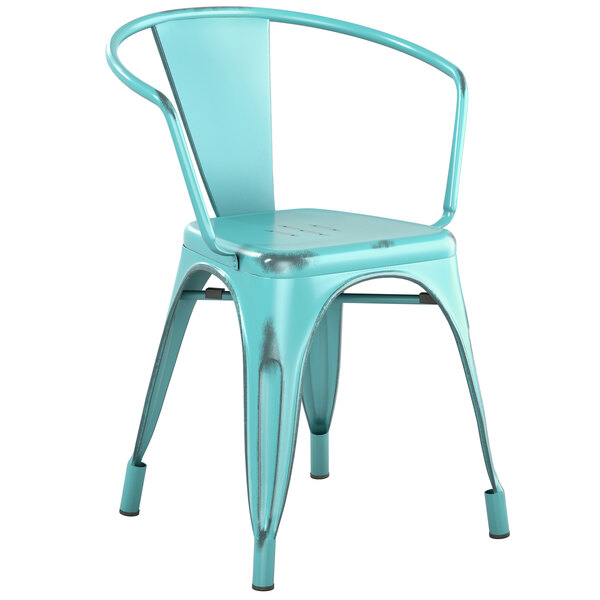 Lancaster Table & Seating Alloy Series Distressed Seafoam Metal Indoor / Outdoor Industrial Cafe Arm Chair