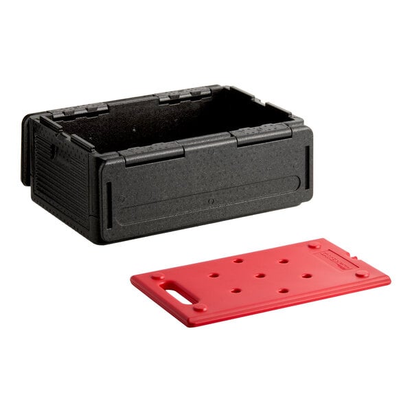 A black insulated food pan carrier with a red hot board, designed for top loading and transporting full-size pans.