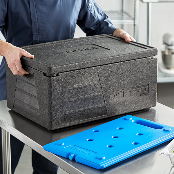 CaterGator Dash Black Full Size 8" Deep Top Loader EPP Insulated Food Pan Carrier with Blue Ice