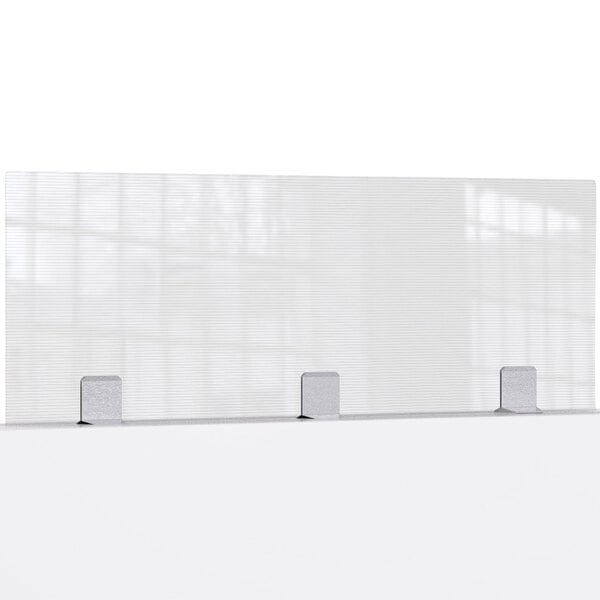 A clear polycarbonate Rosseto tabletop divider with stainless steel brackets.
