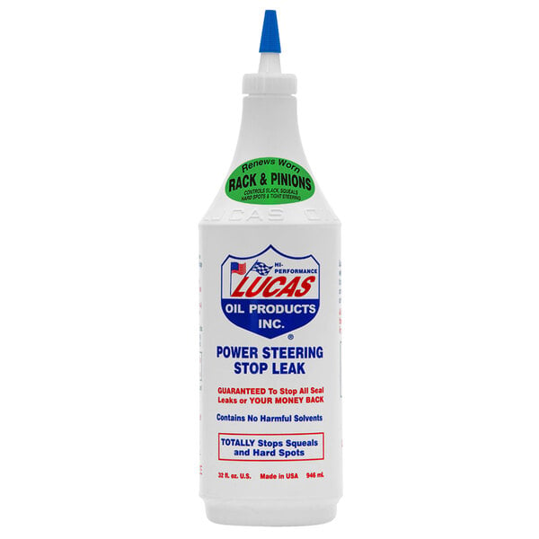 A white bottle of Lucas Oil Power Steering Stop Leak with a green label and a blue cap.