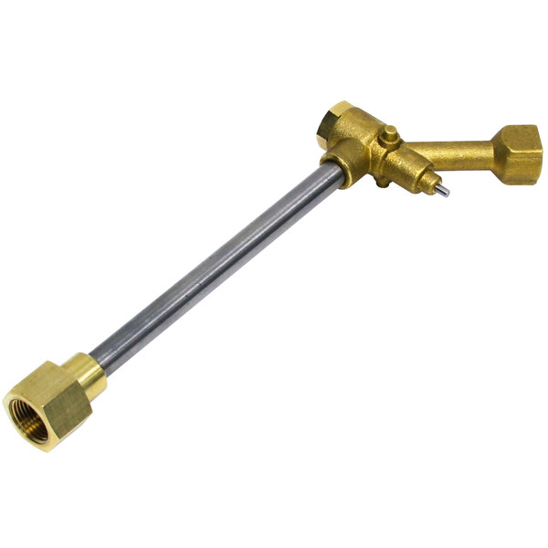 A brass valve with a brass pipe on a white background.