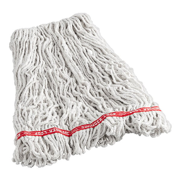 A white mop with a red looped end.