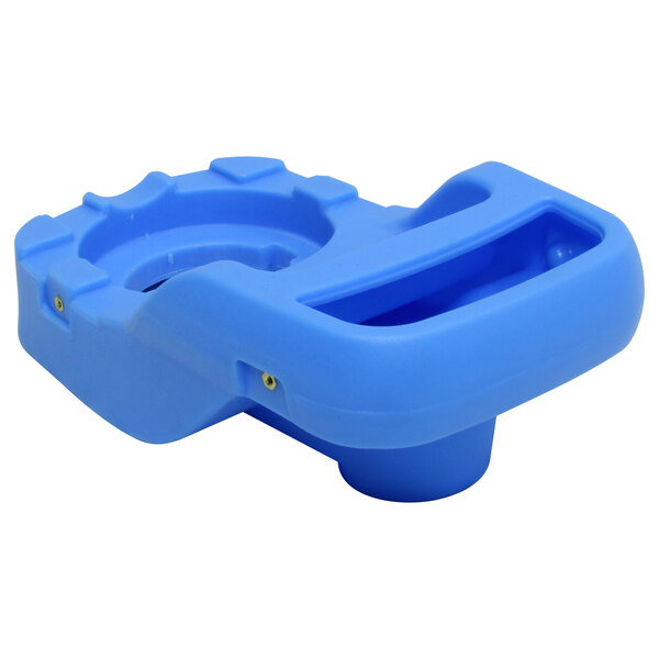 A blue plastic Mytee solution tank with a hole.
