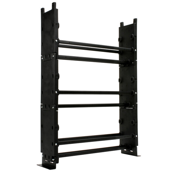 A black metal rack with three shelves and metal rods.