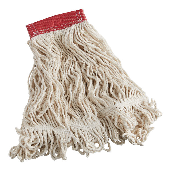 A Rubbermaid white blend wet mop head with a red headband.