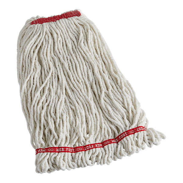 A white Rubbermaid wet mop with a red band.