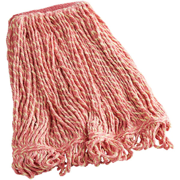 A red Rubbermaid wet mop head with a looped end.