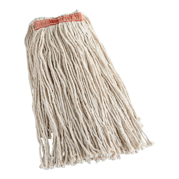 A close-up of a white Rubbermaid Dura Pro cotton cut-end wet mop head with a 1" headband.