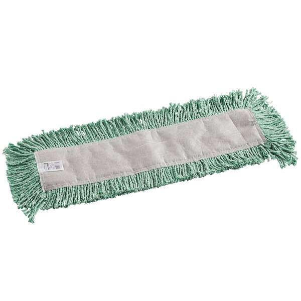 A close-up of a green and white Rubbermaid disposable dust mop.