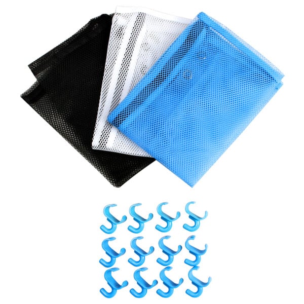Three blue and black Mytee mesh storage bags with hooks.