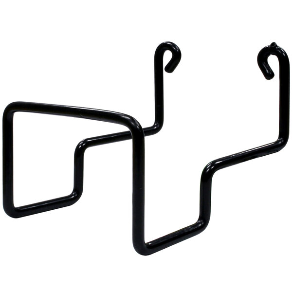 A black wire bottle hanger with two hooks.