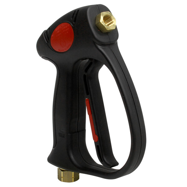 A black and red hand held spray gun with red buttons.