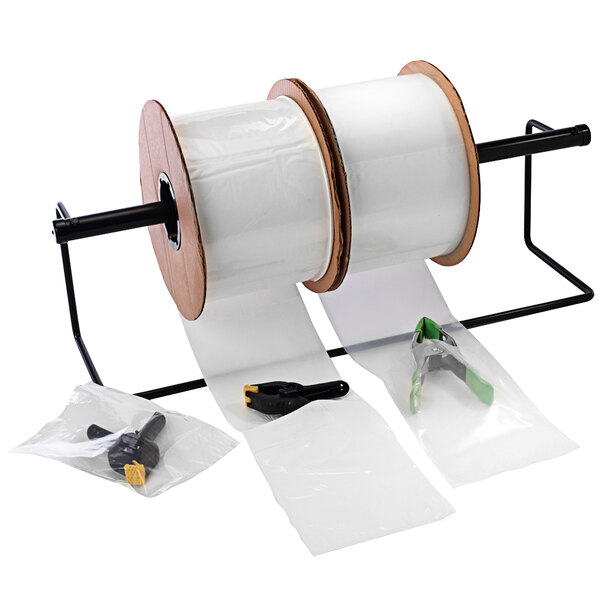 A roll of Lavex white and clear plastic pre-opened bags on a wire stand.