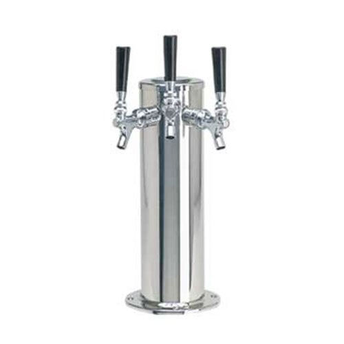 A Micro Matic polished stainless steel beer dispenser with three taps on a metal pole.