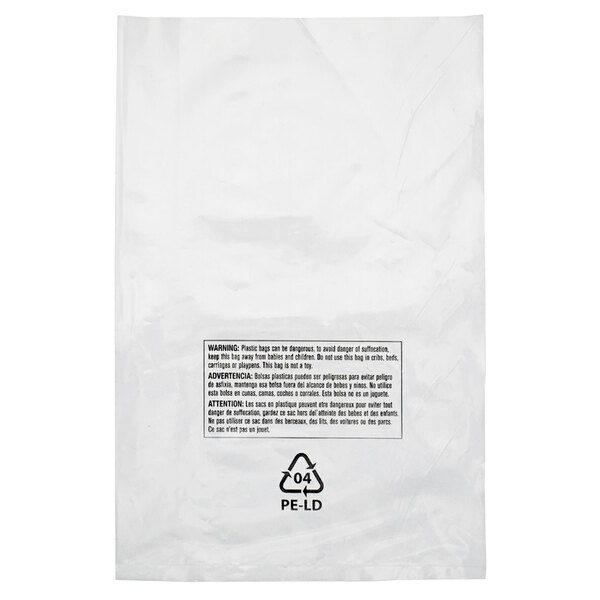 A clear plastic bag with a white suffocation warning label.