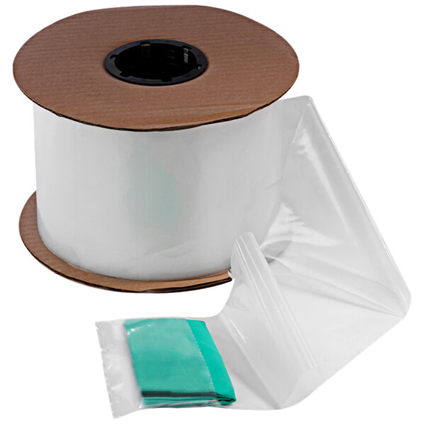 A roll of white plastic with a green bag on a white background.