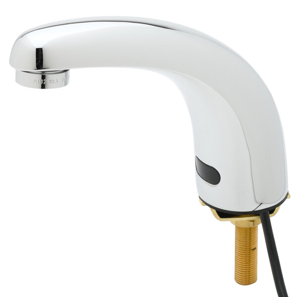 A chrome Equip by T&S hands-free sensor bathroom faucet with a gold handle.