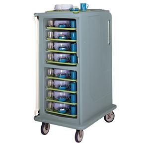 A slate blue Cambro meal delivery cart with trays of containers on it.