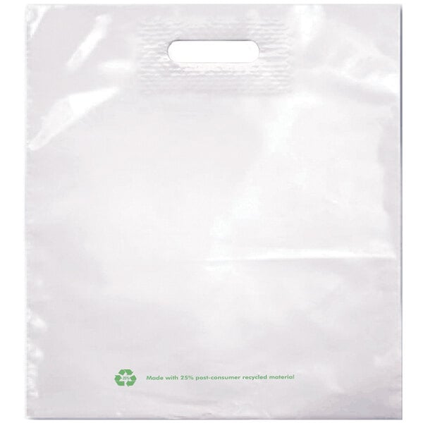 A white plastic merchandise bag with a green reinforced patch handle.