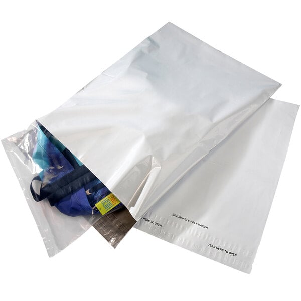 A white plastic Lavex mailer bag with black text containing a plastic bag inside.