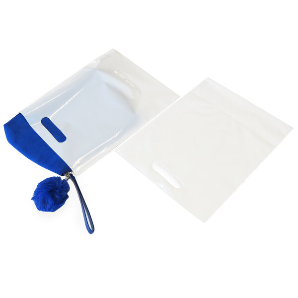 A clear plastic bag with a blue handle.